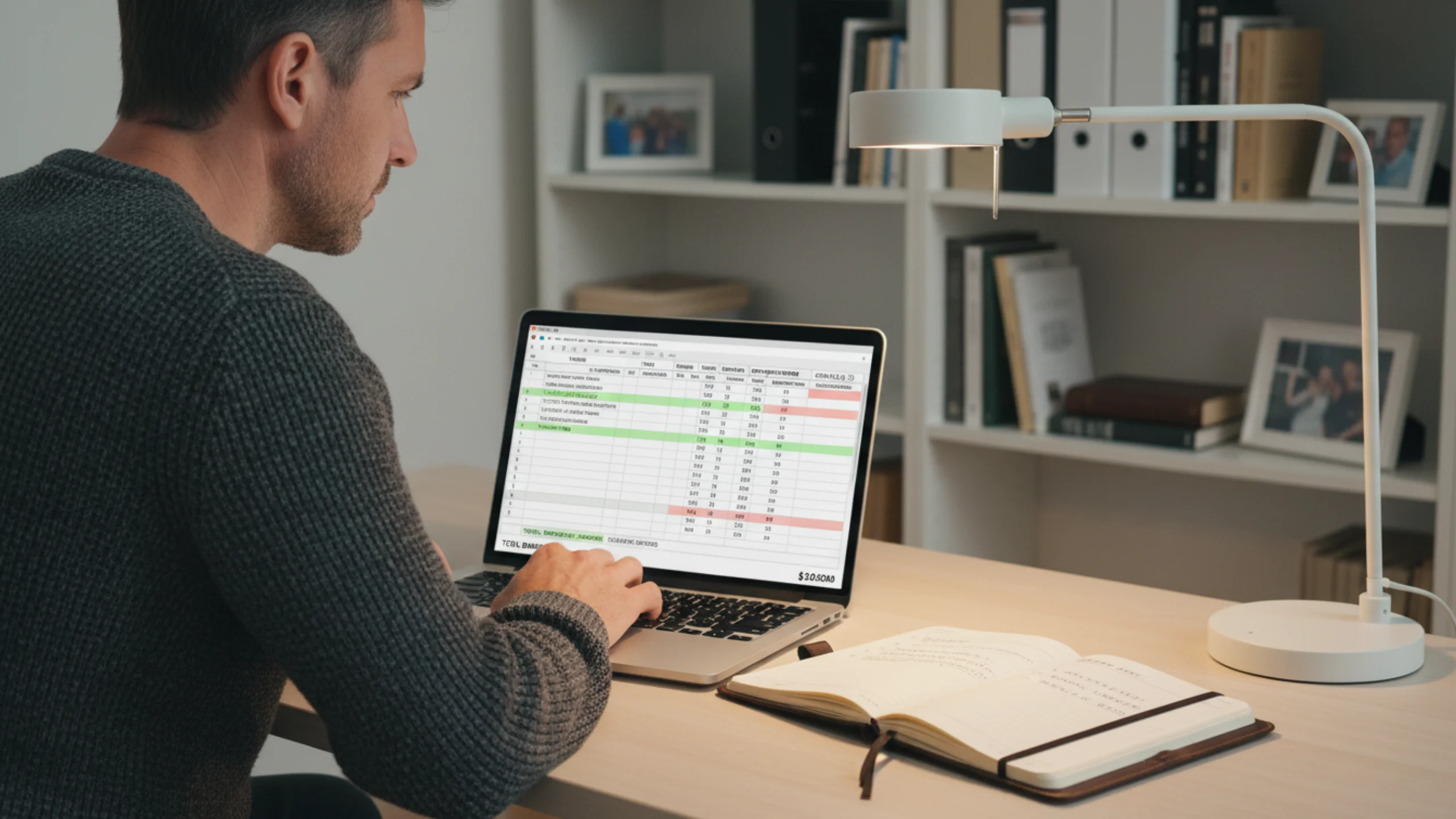 Organised bettor reviewing structured betting records and bankroll tracking spreadsheet on laptop