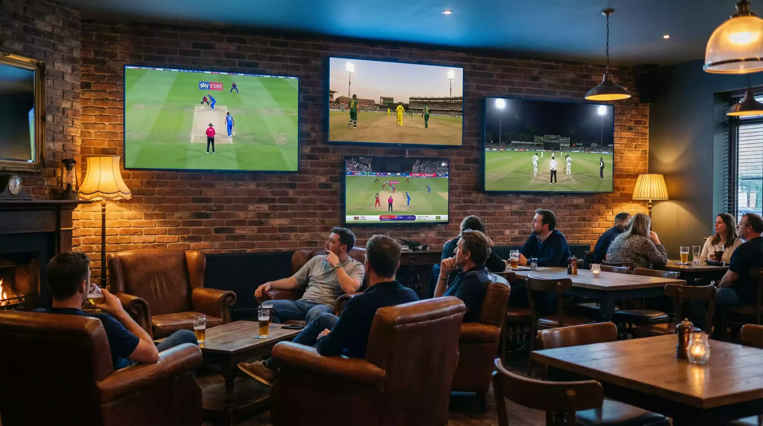 Multiple cricket matches displayed on screens in a sports venue setting