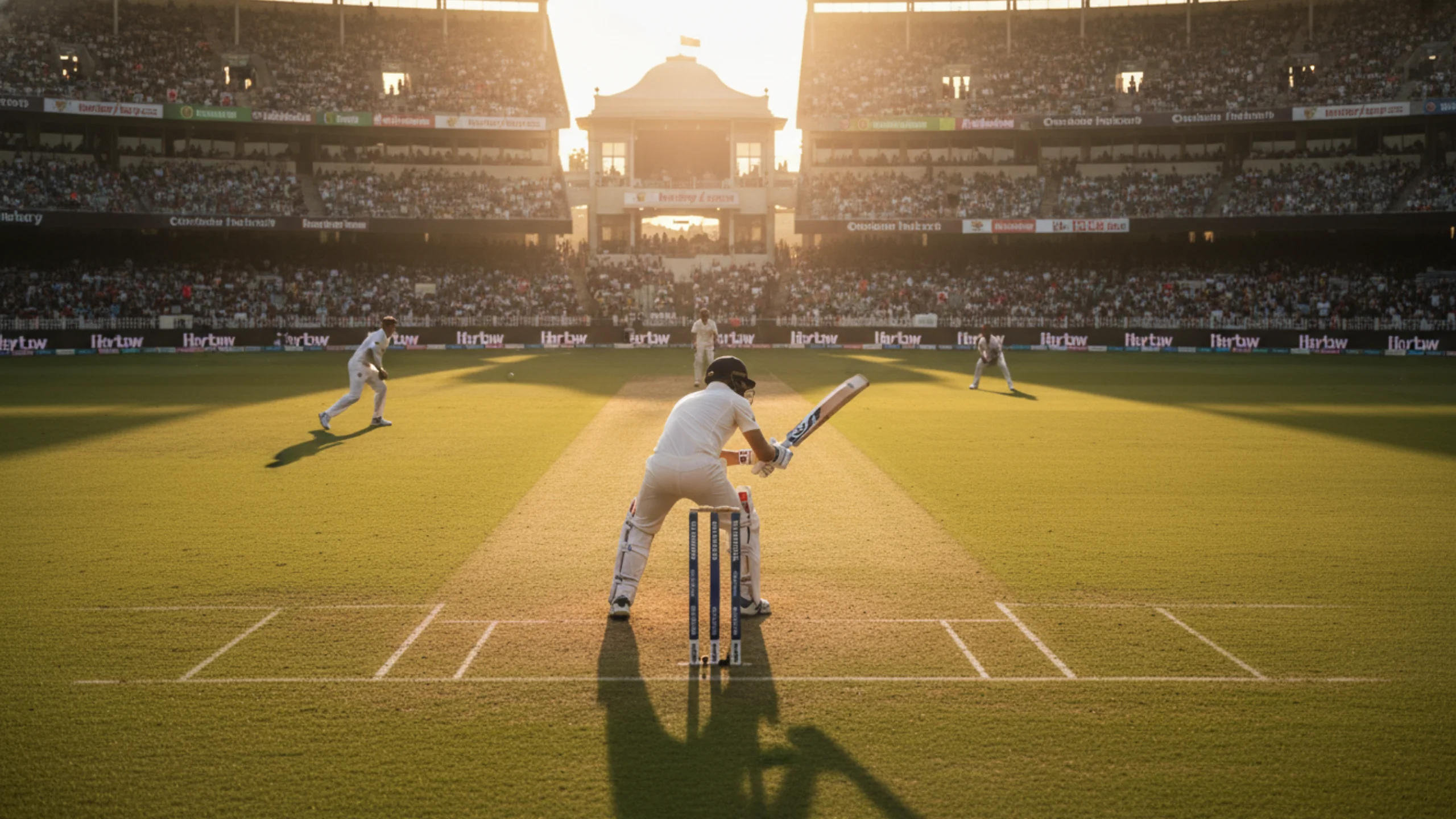 Cricket stadium at golden hour with batsman preparing to face delivery