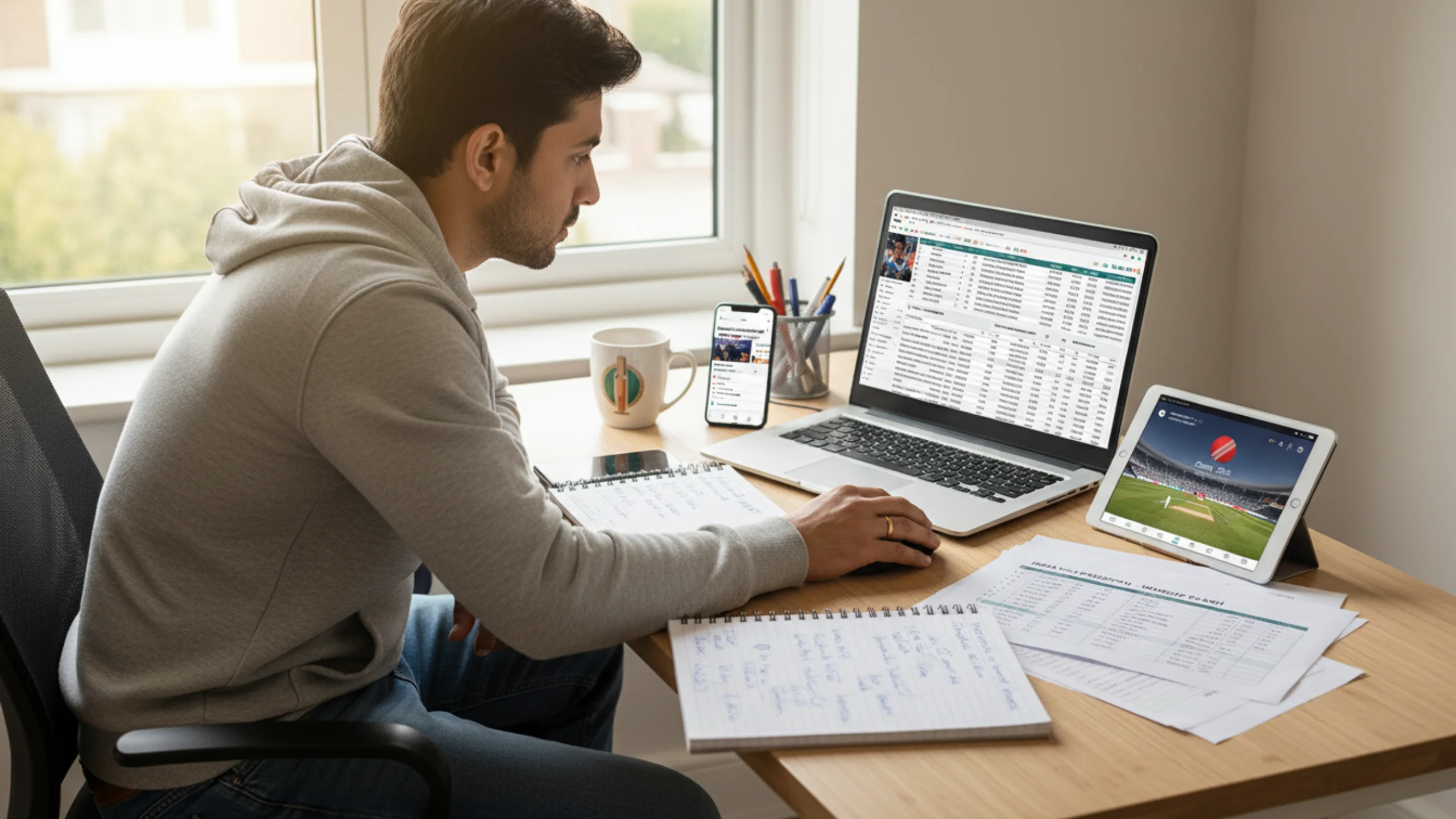 Dedicated bettor conducting thorough cricket match research with multiple information sources on desk