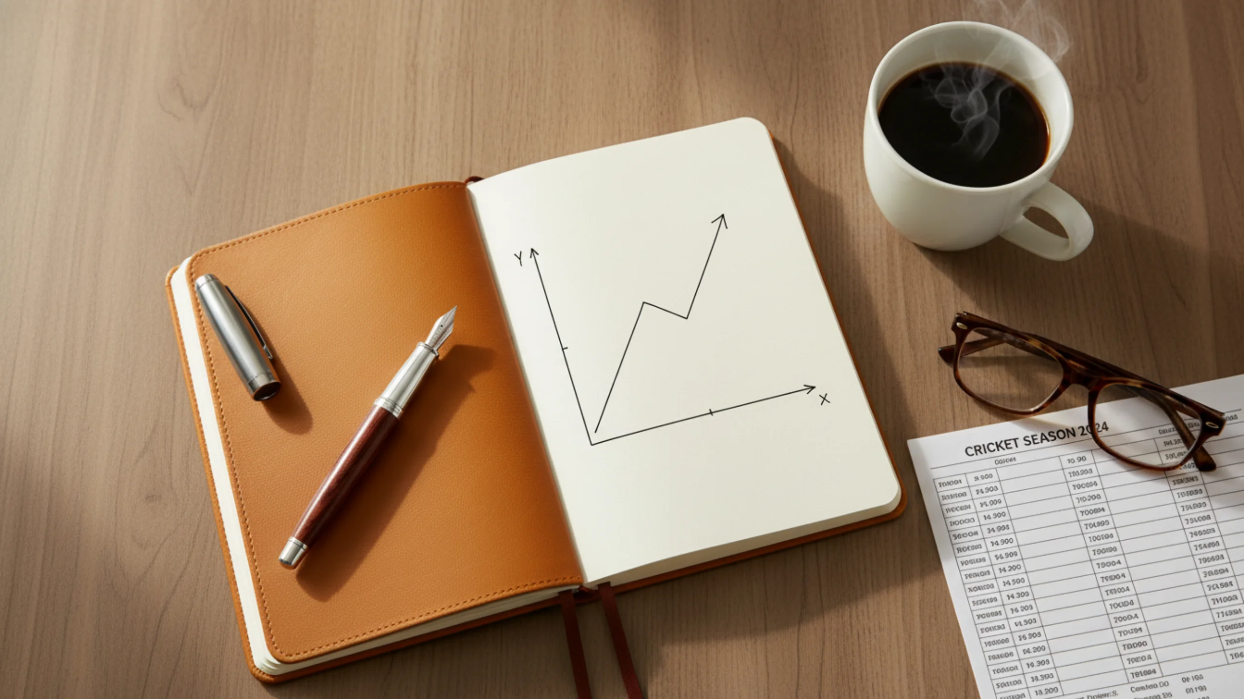 Organized desk with notebook showing betting strategy progress chart