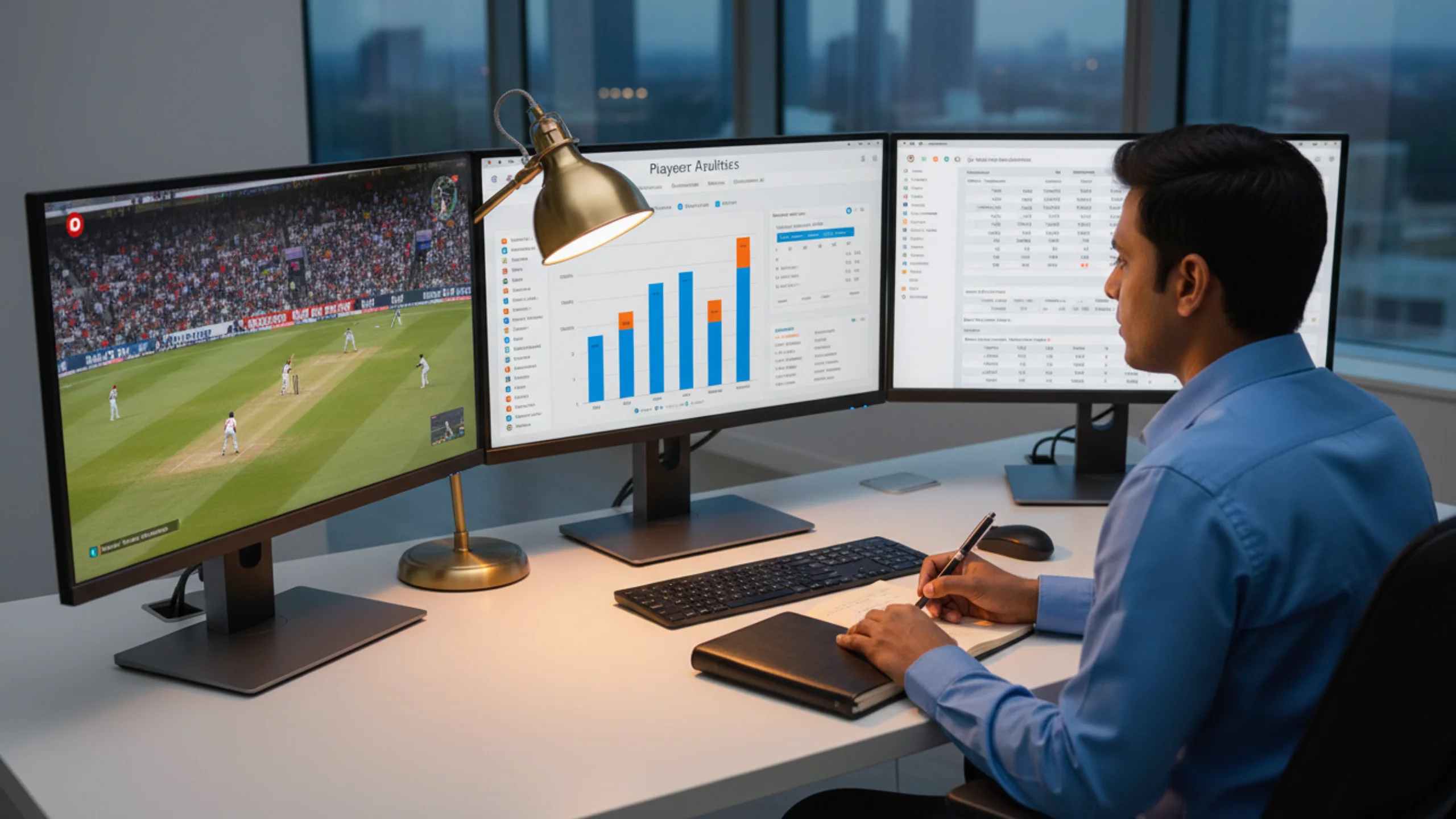 Cricket analyst workspace with multiple monitors showing player statistics