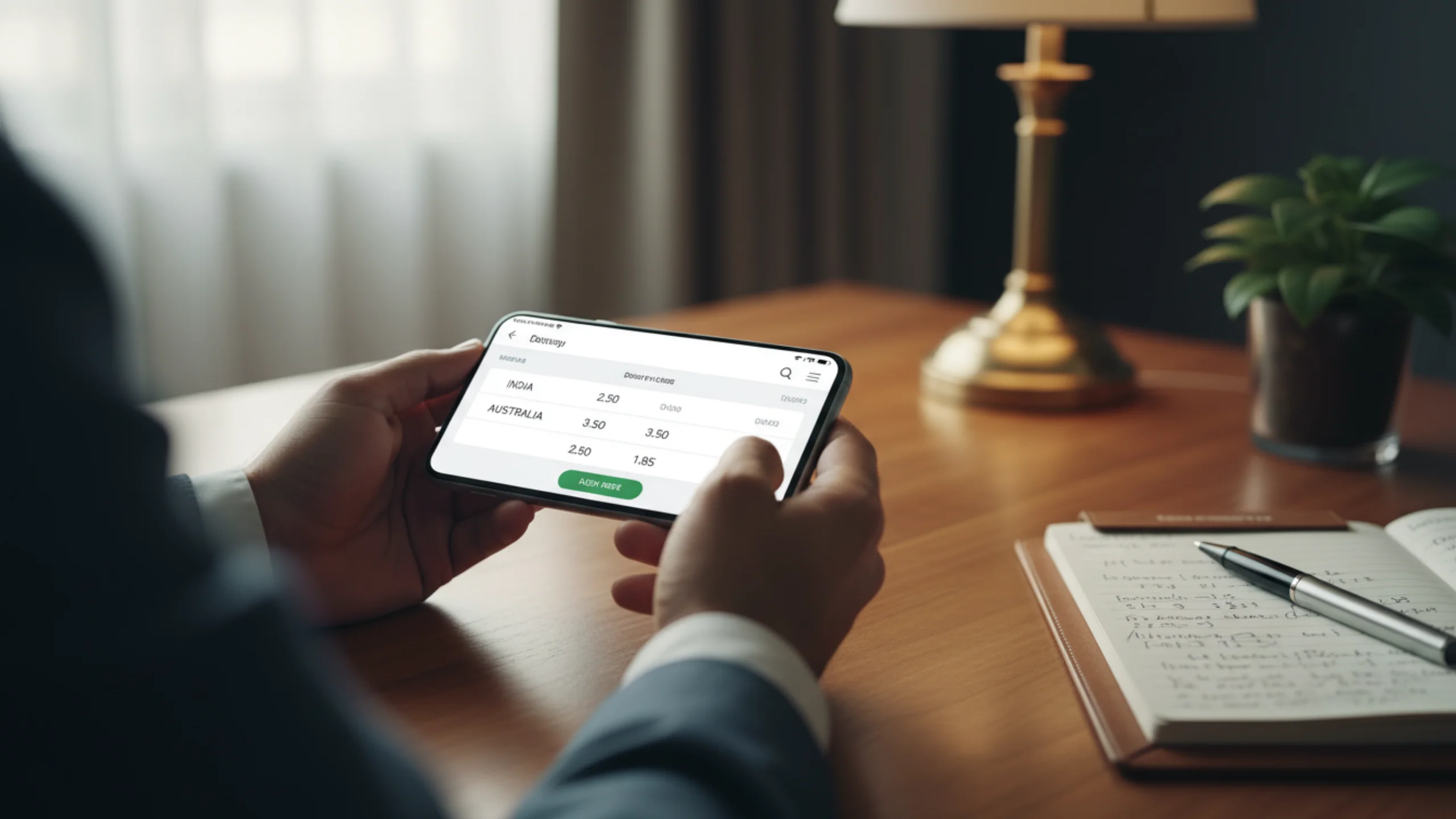 Professional bettor analysing cricket betting odds on smartphone