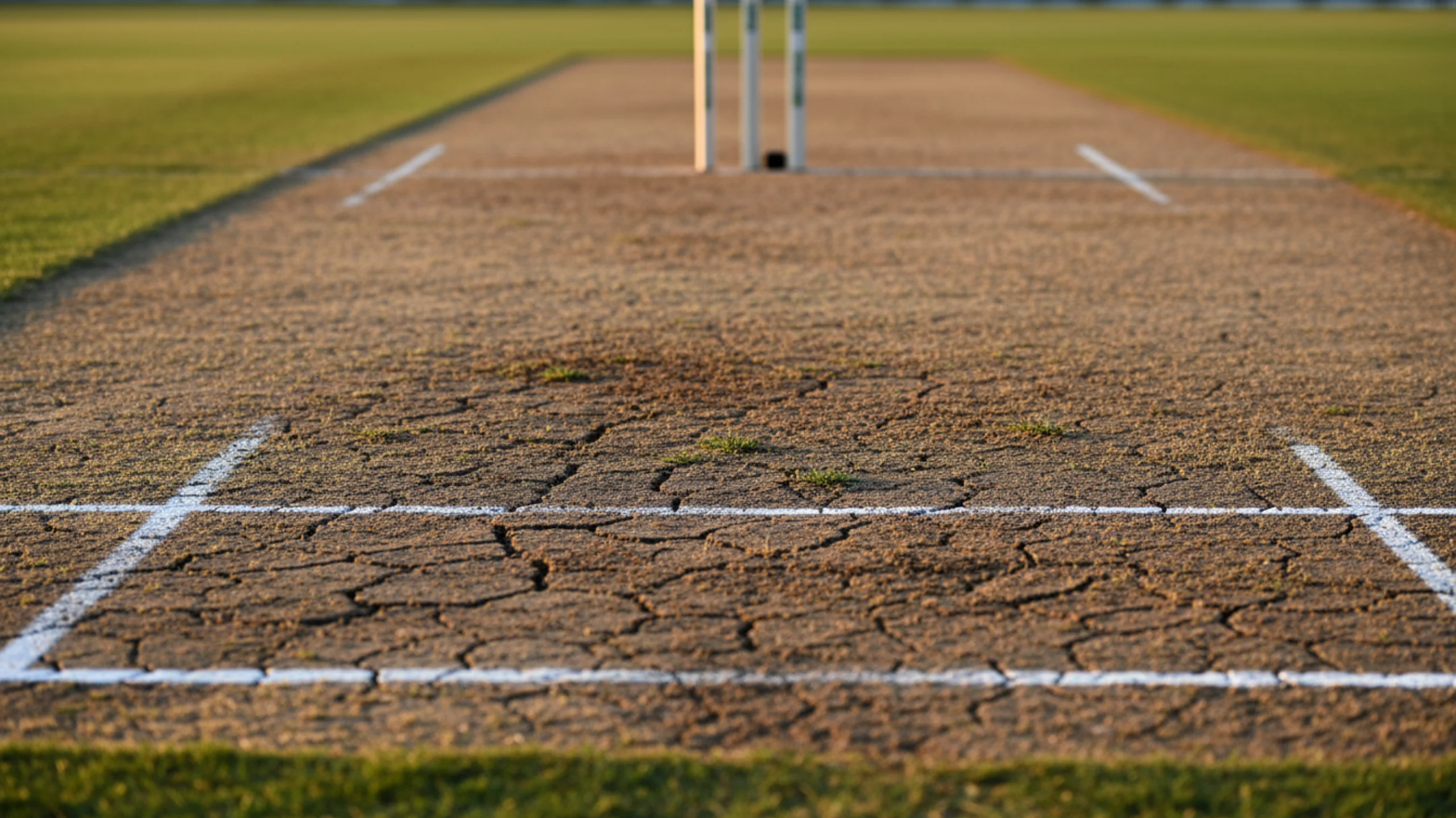 Close-up of cricket pitch surface showing texture and crease lines