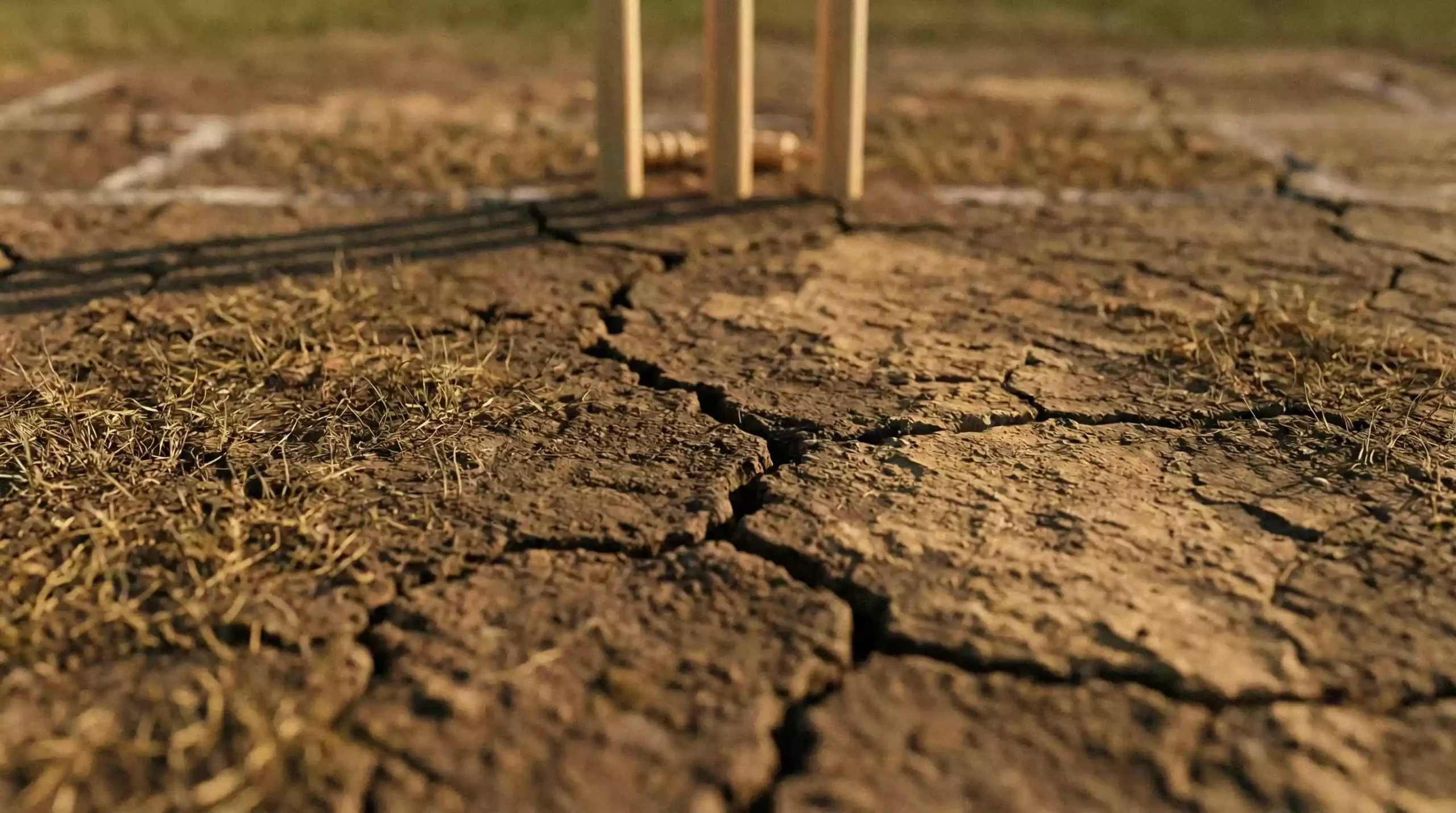 Close-up of a dry cracked cricket pitch with stumps in the background