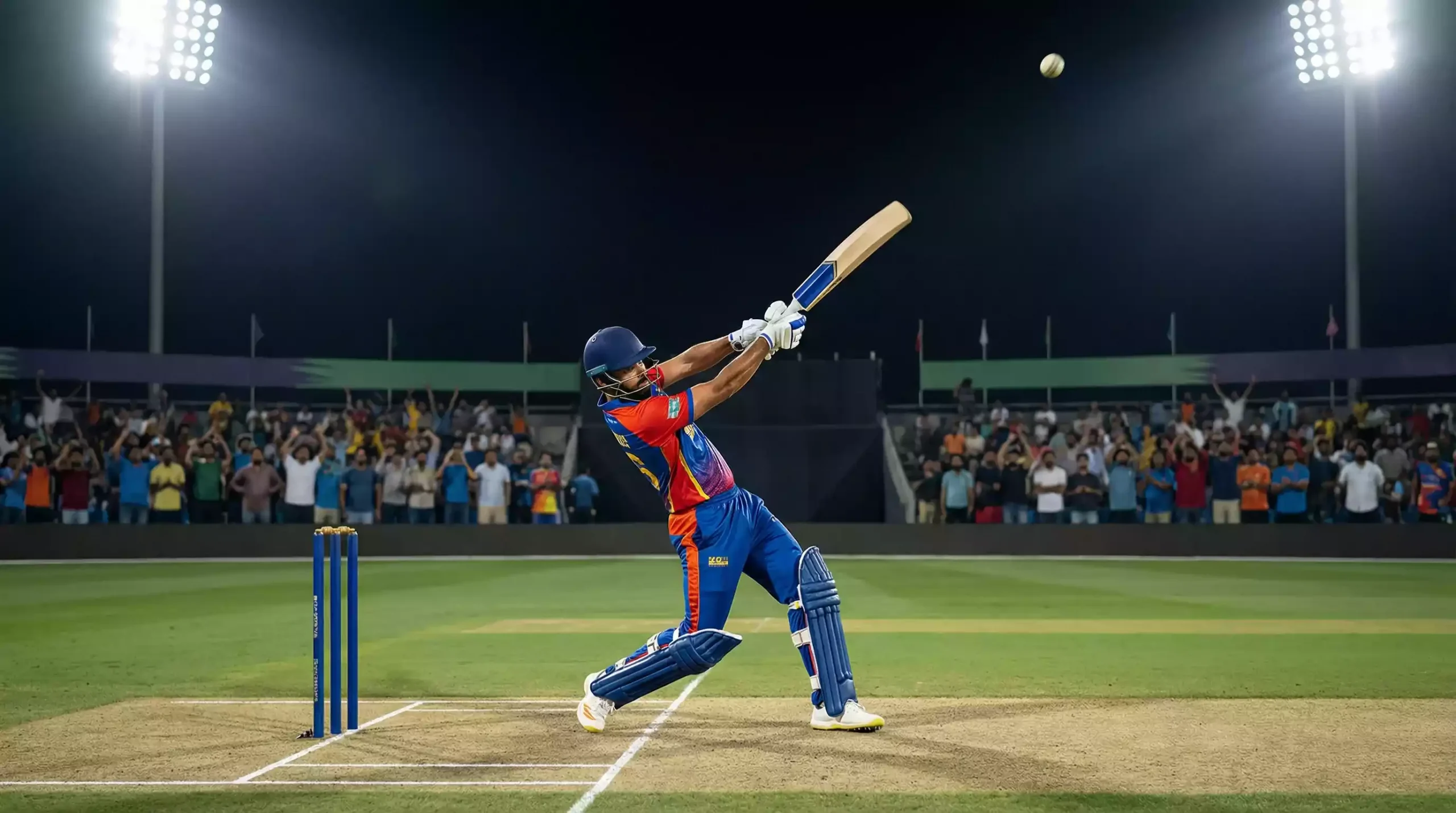 Cricket batsman hitting a towering six over the boundary rope in a T20