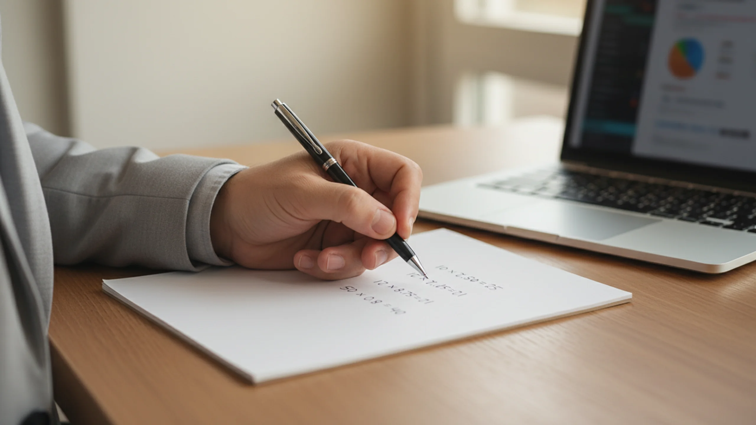 Business professional at desk explaining decimal odds calculation with notepad and pen