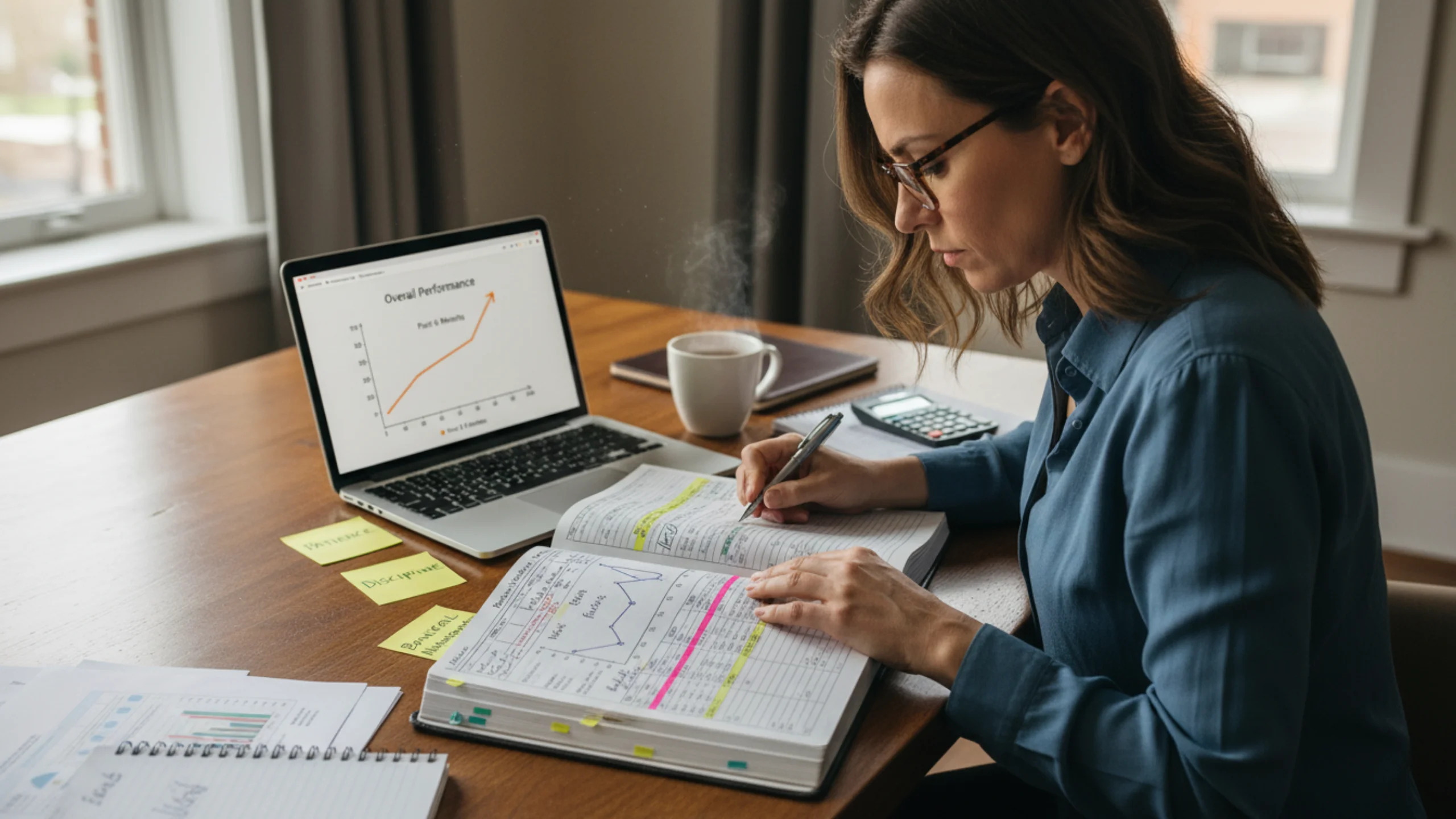 Serious bettor reviewing detailed betting journal and performance analysis for continuous improvement