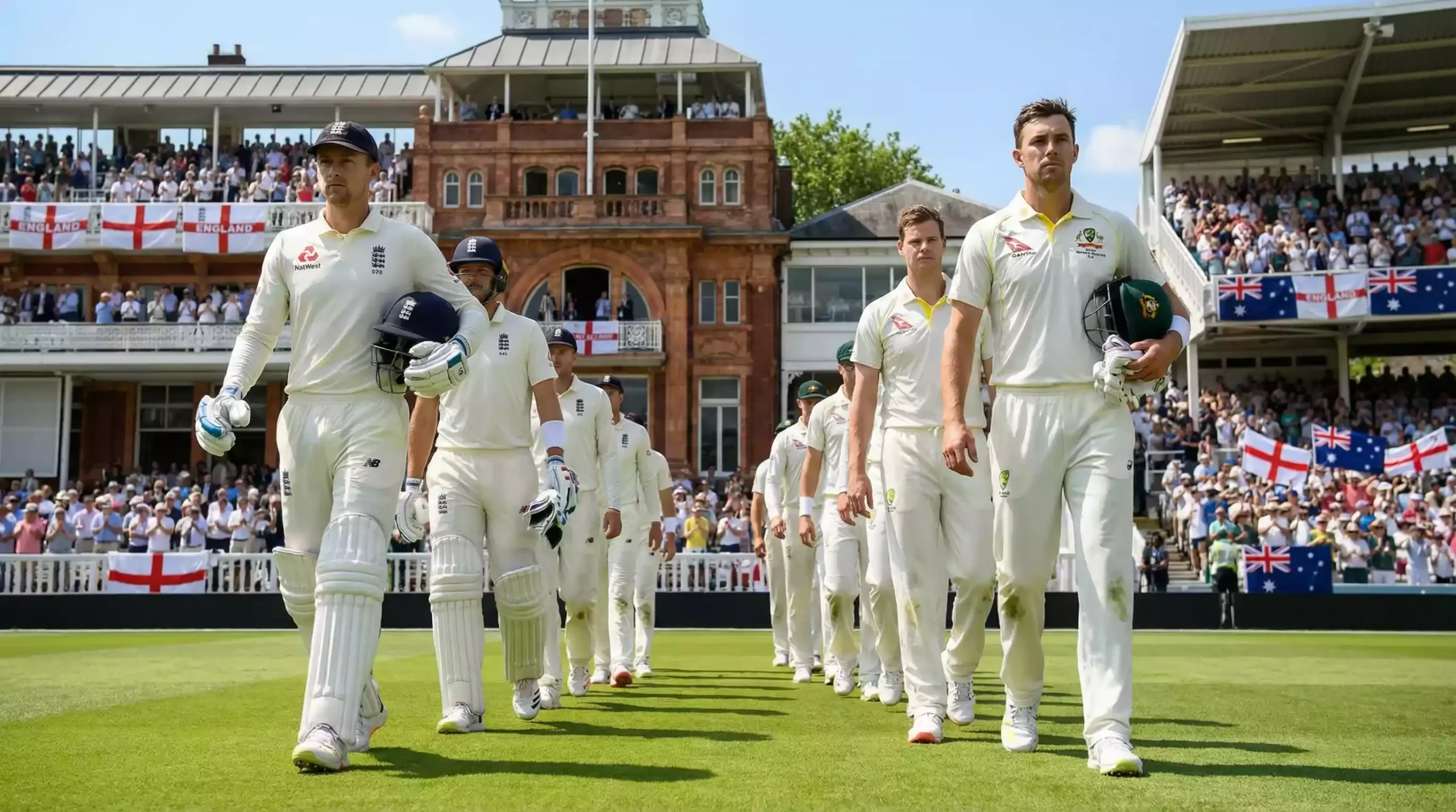 Two cricket teams walking onto the field for a rivalry Test match