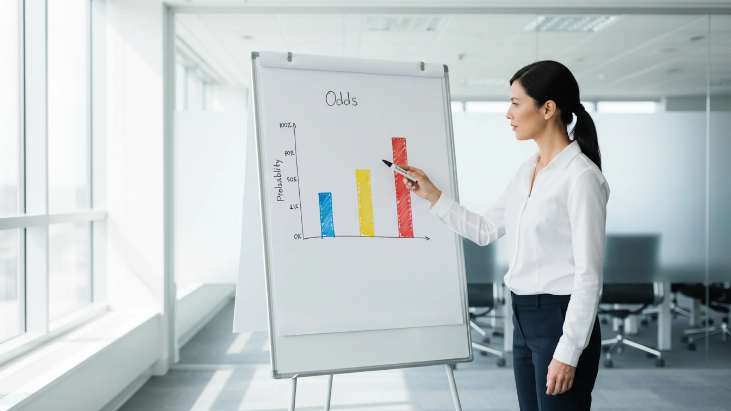 Financial analyst reviewing probability percentage chart on whiteboard with cricket betting data