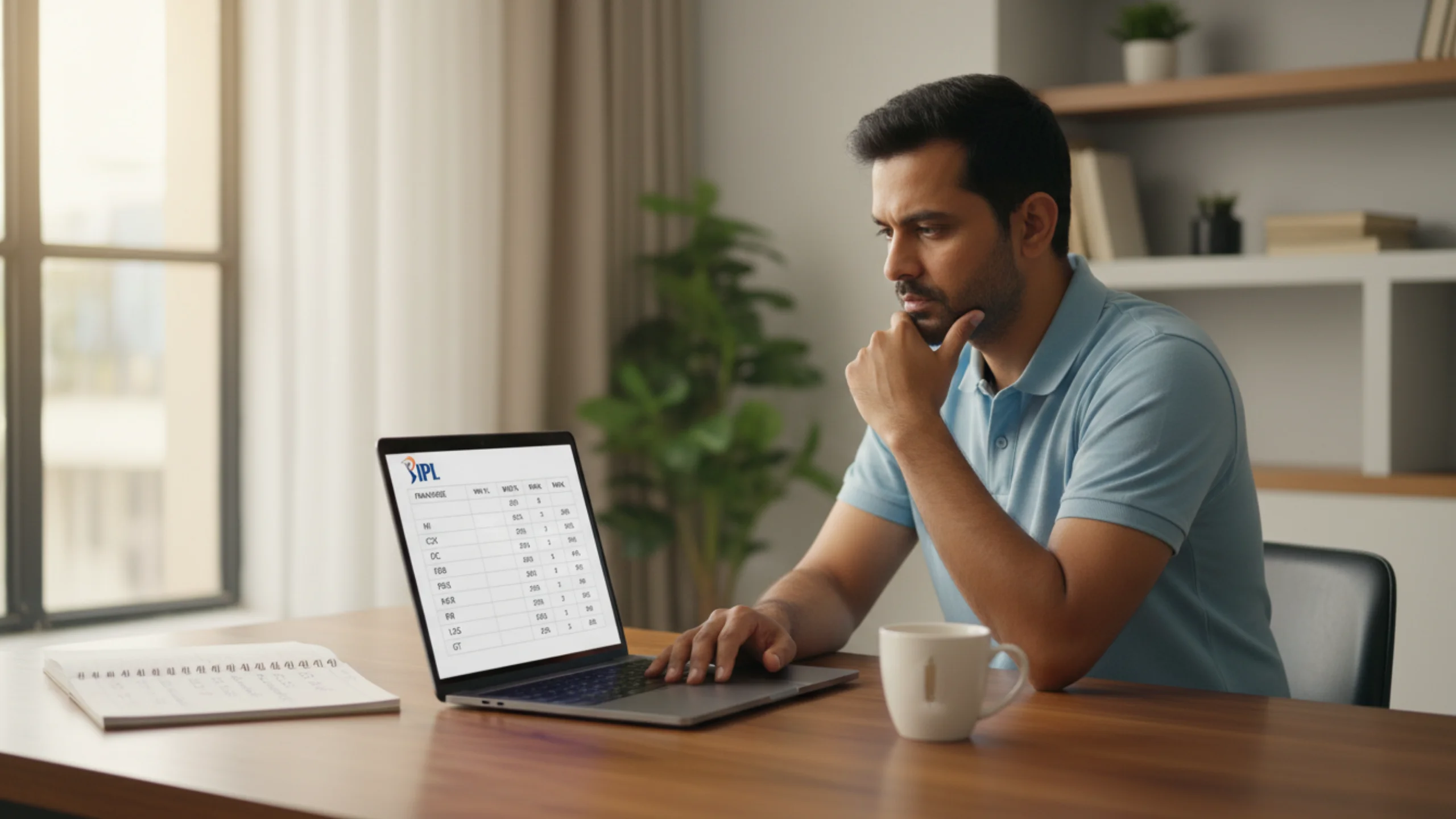 Cricket analyst comparing IPL team statistics and franchise performance data on laptop screen