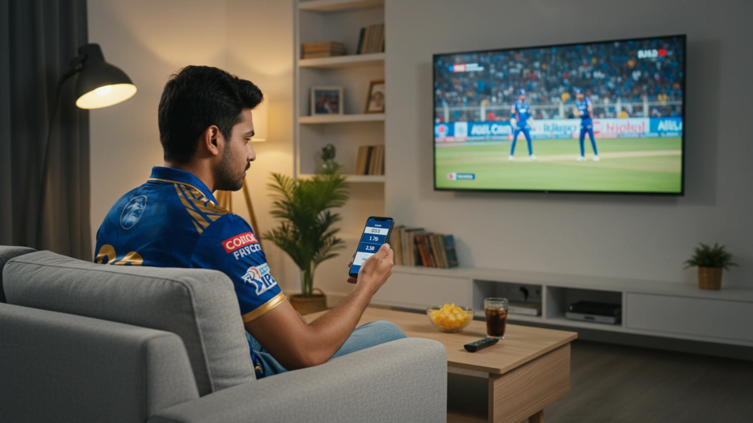 Cricket fan watching IPL match on screen while checking live odds updates on mobile device