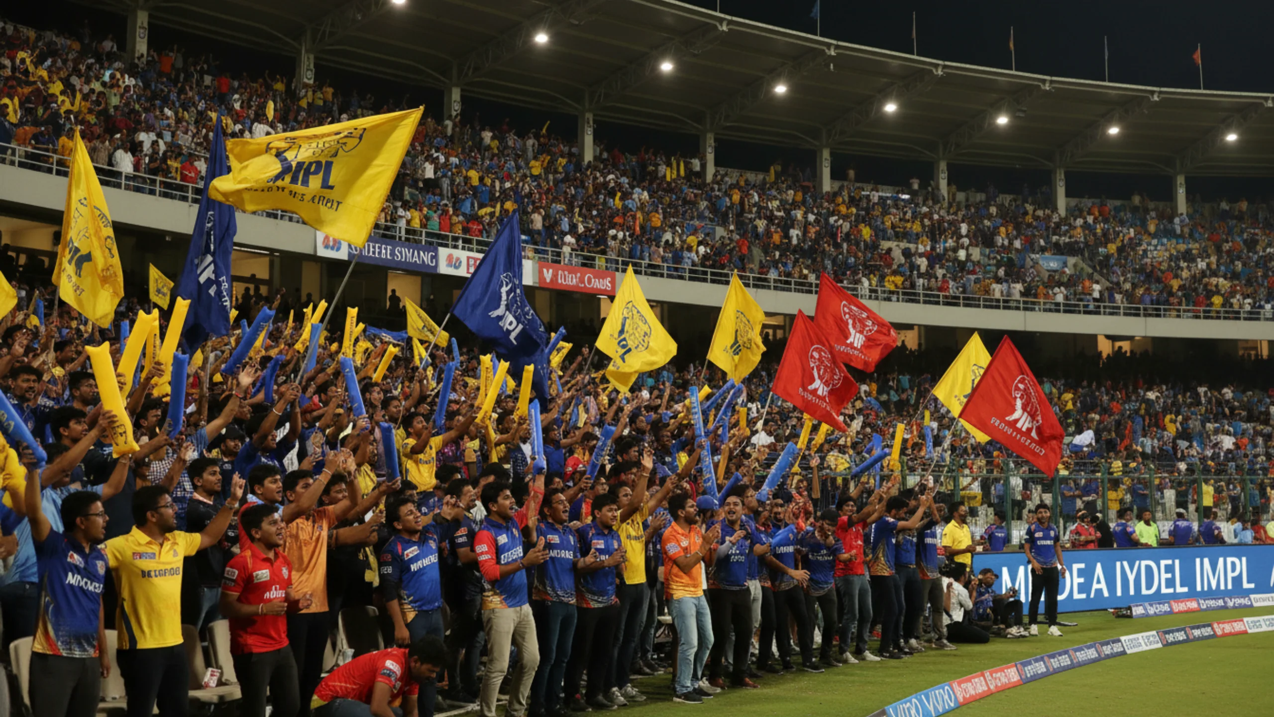 Packed IPL cricket stadium with enthusiastic crowd waving team flags during evening match