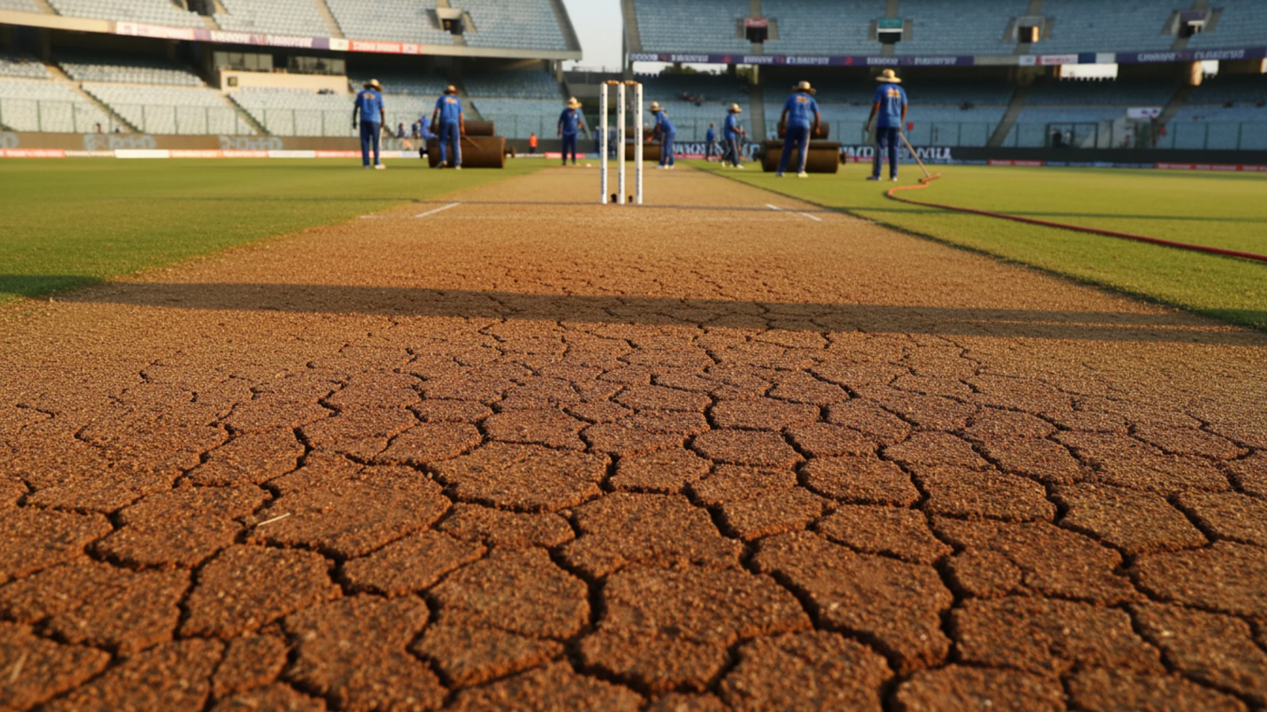 Cricket ground with distinctive pitch conditions showing spin-friendly surface during IPL preparation