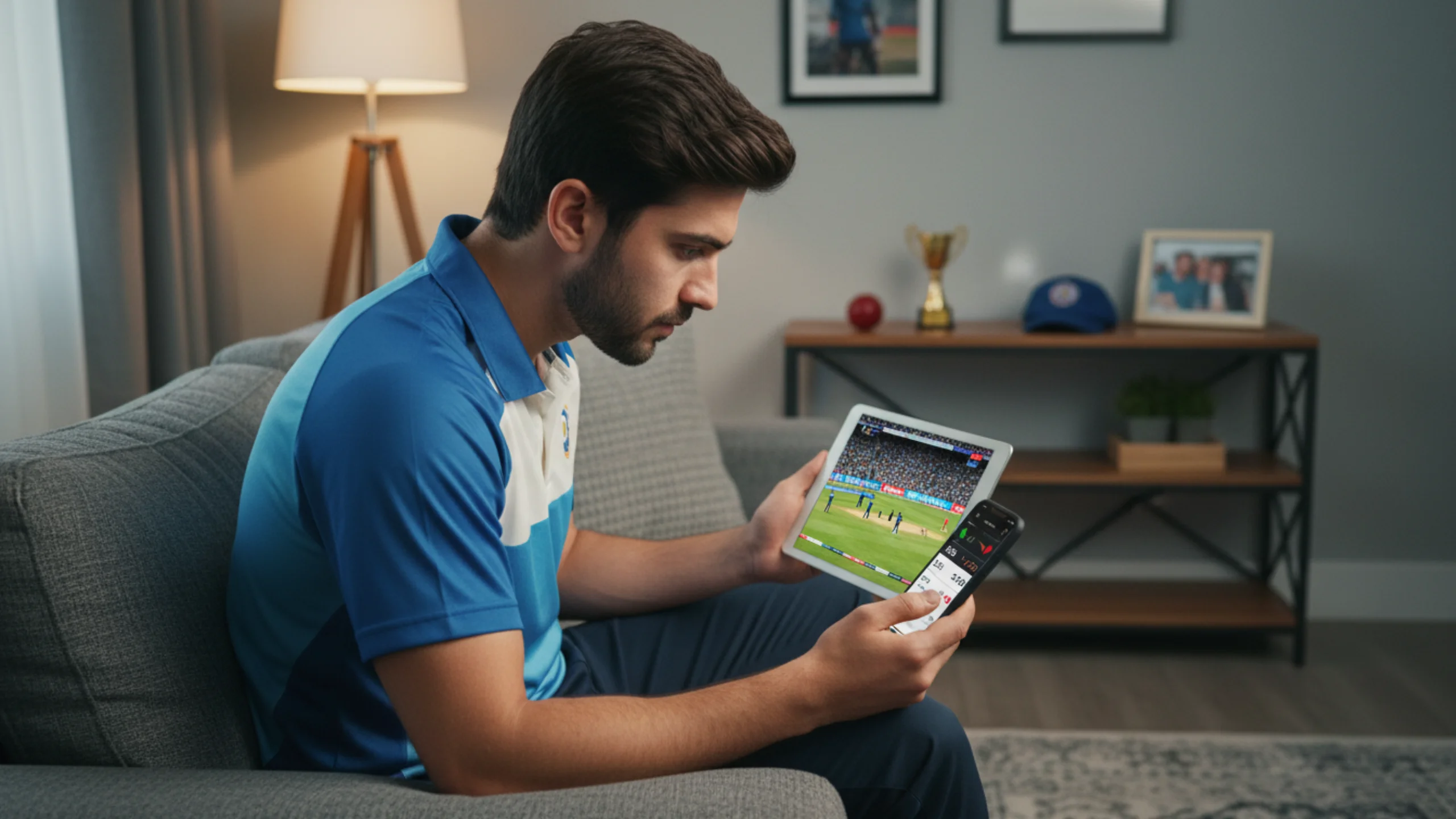 Cricket fan watching live match on tablet while monitoring real-time betting odds