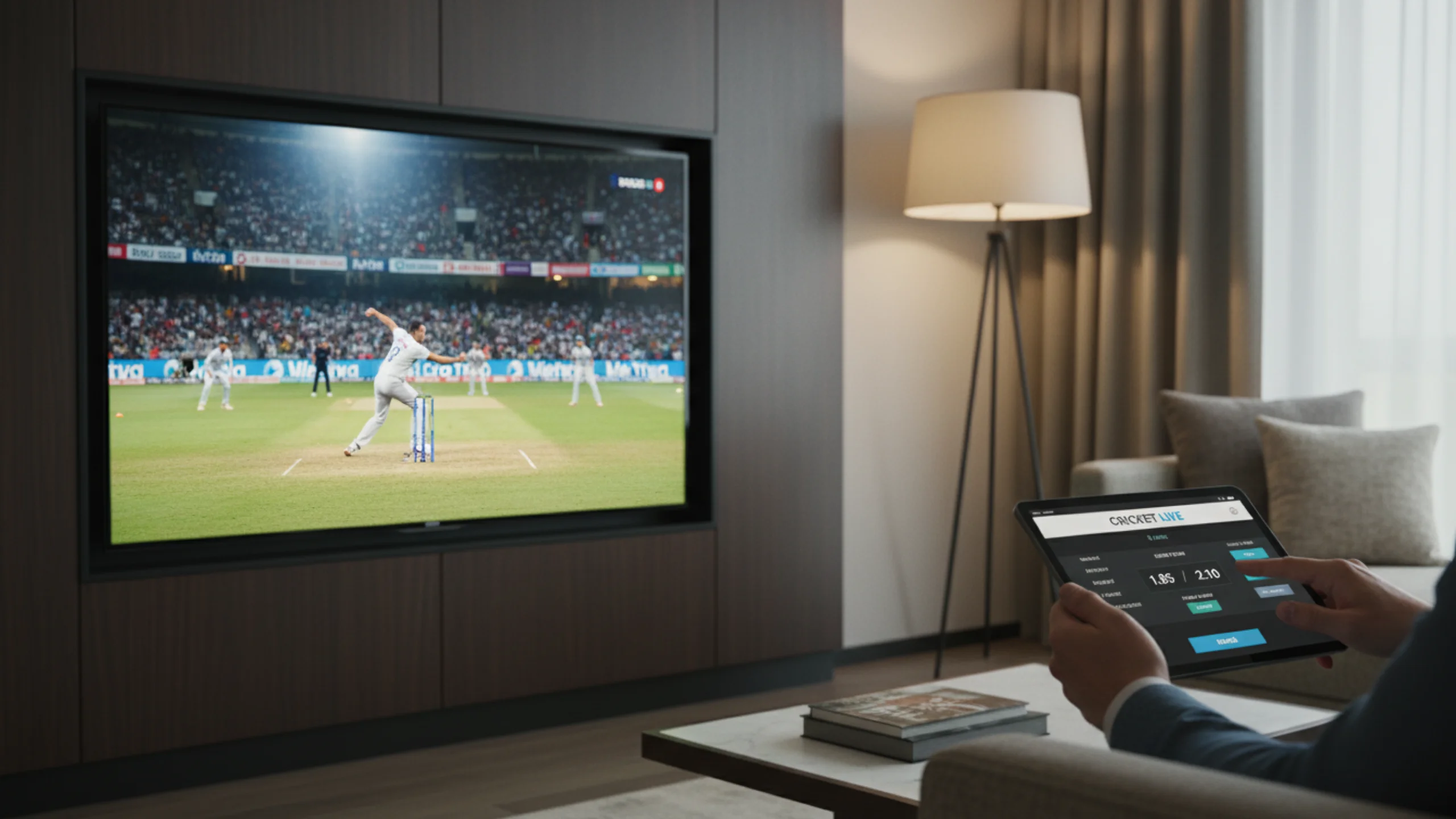 Live cricket match on TV screen with tablet showing betting interface