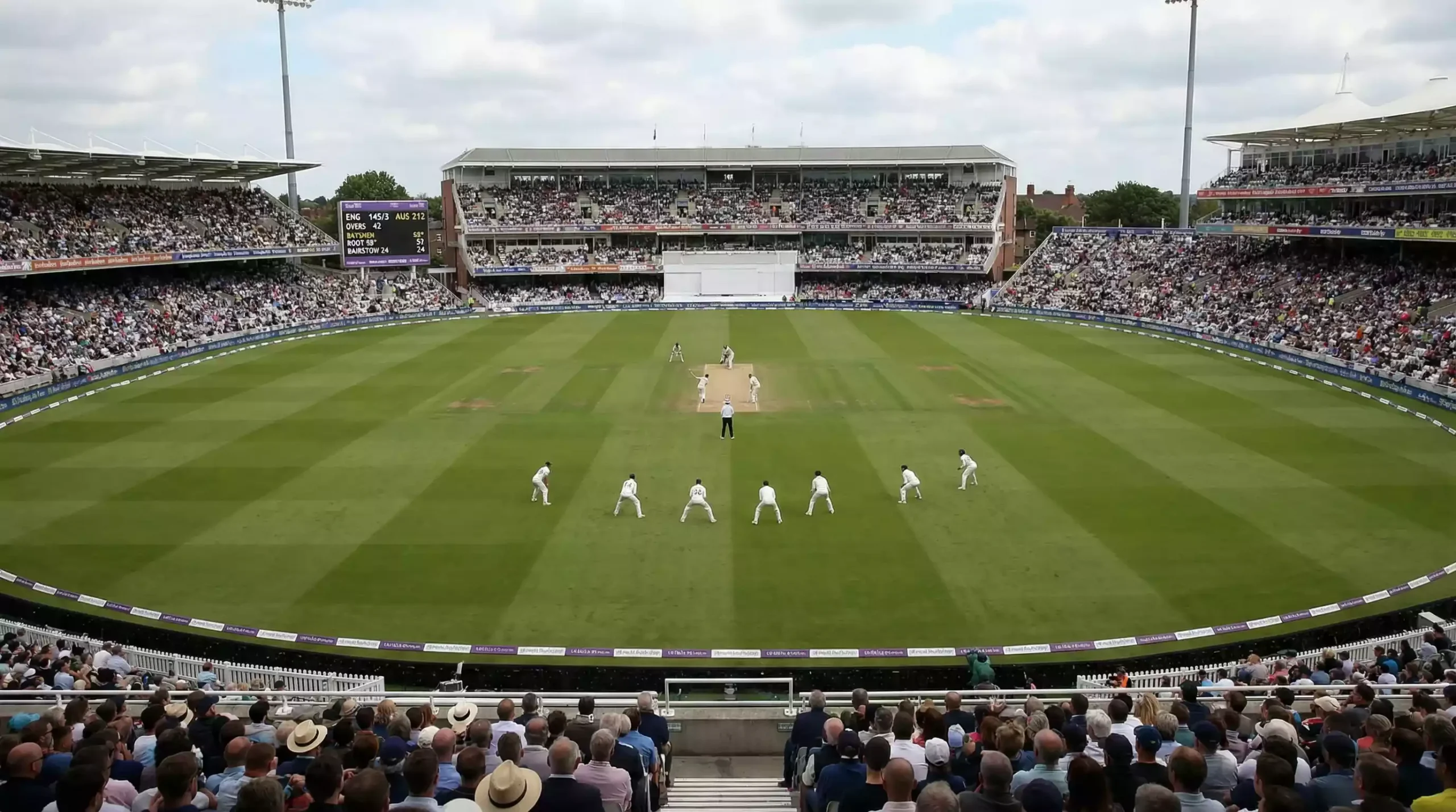 Cricket fans watching a live match on a big screen in a stadium