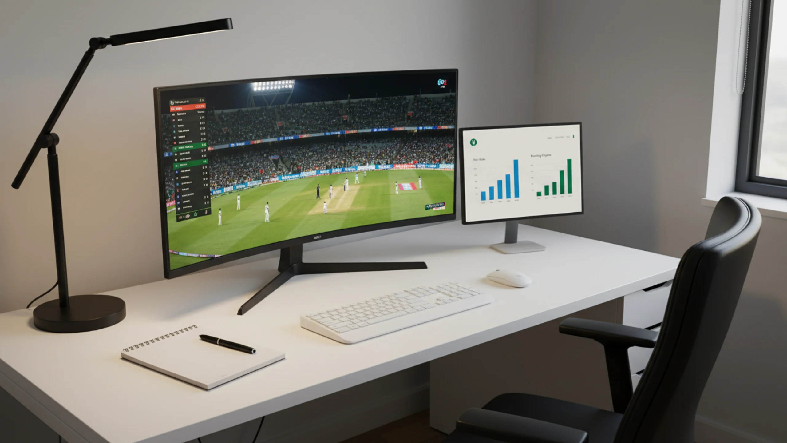 Professional bettor workspace with live cricket stream on main screen and statistics dashboard on secondary monitor
