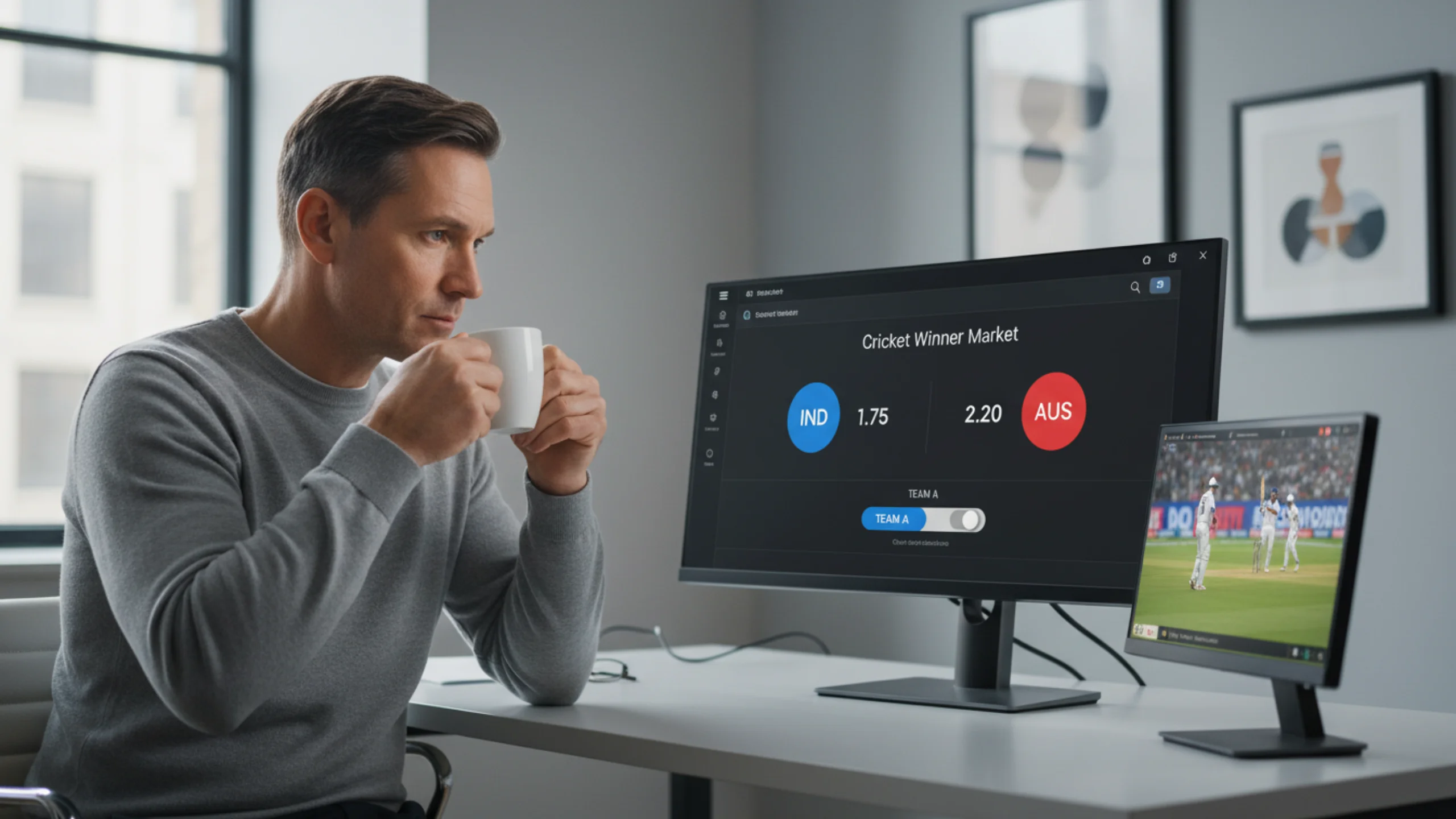Sports analyst reviewing cricket match winner odds between two competing teams on screen