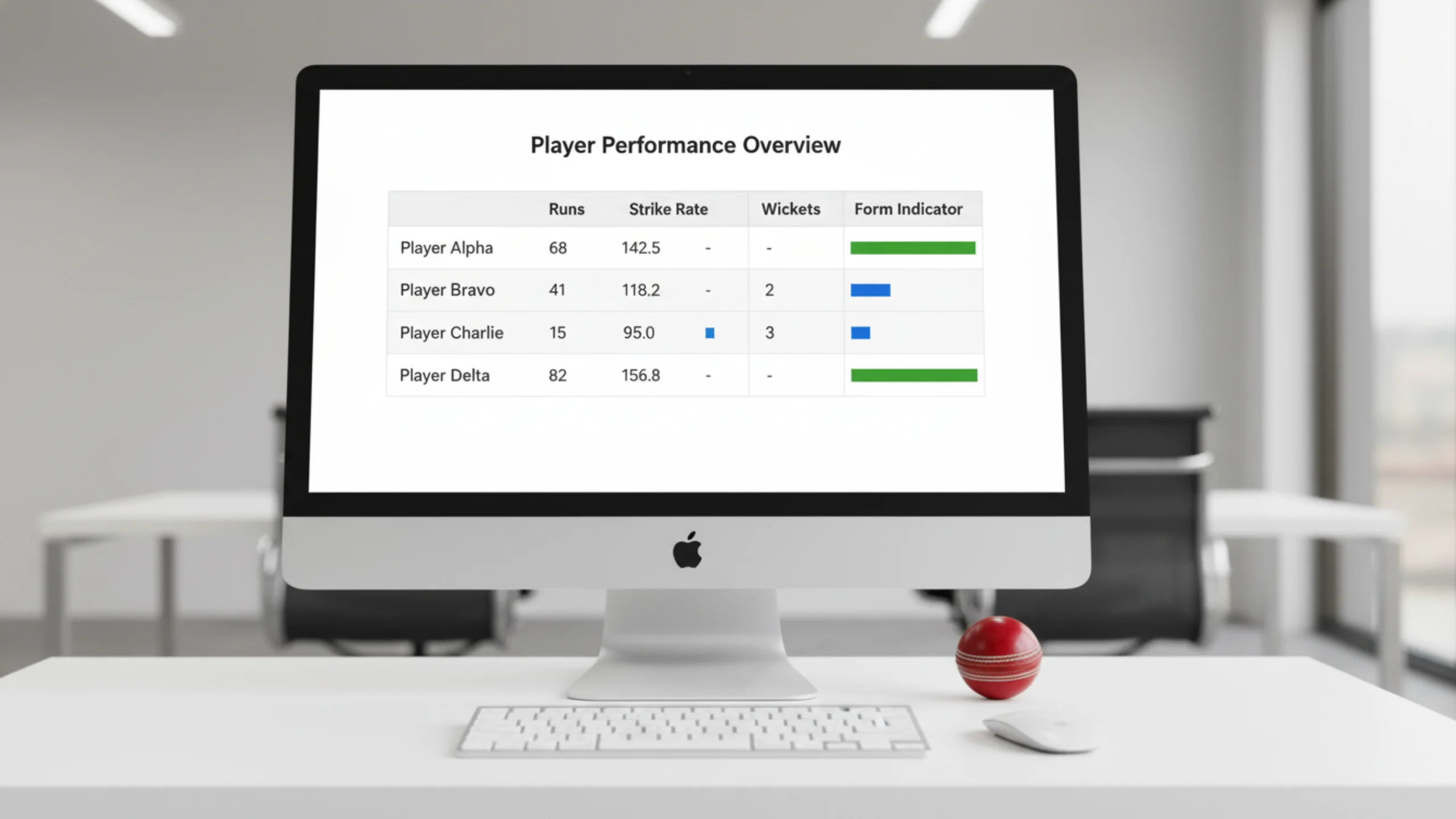 Cricket player statistics dashboard showing batting and bowling performance metrics