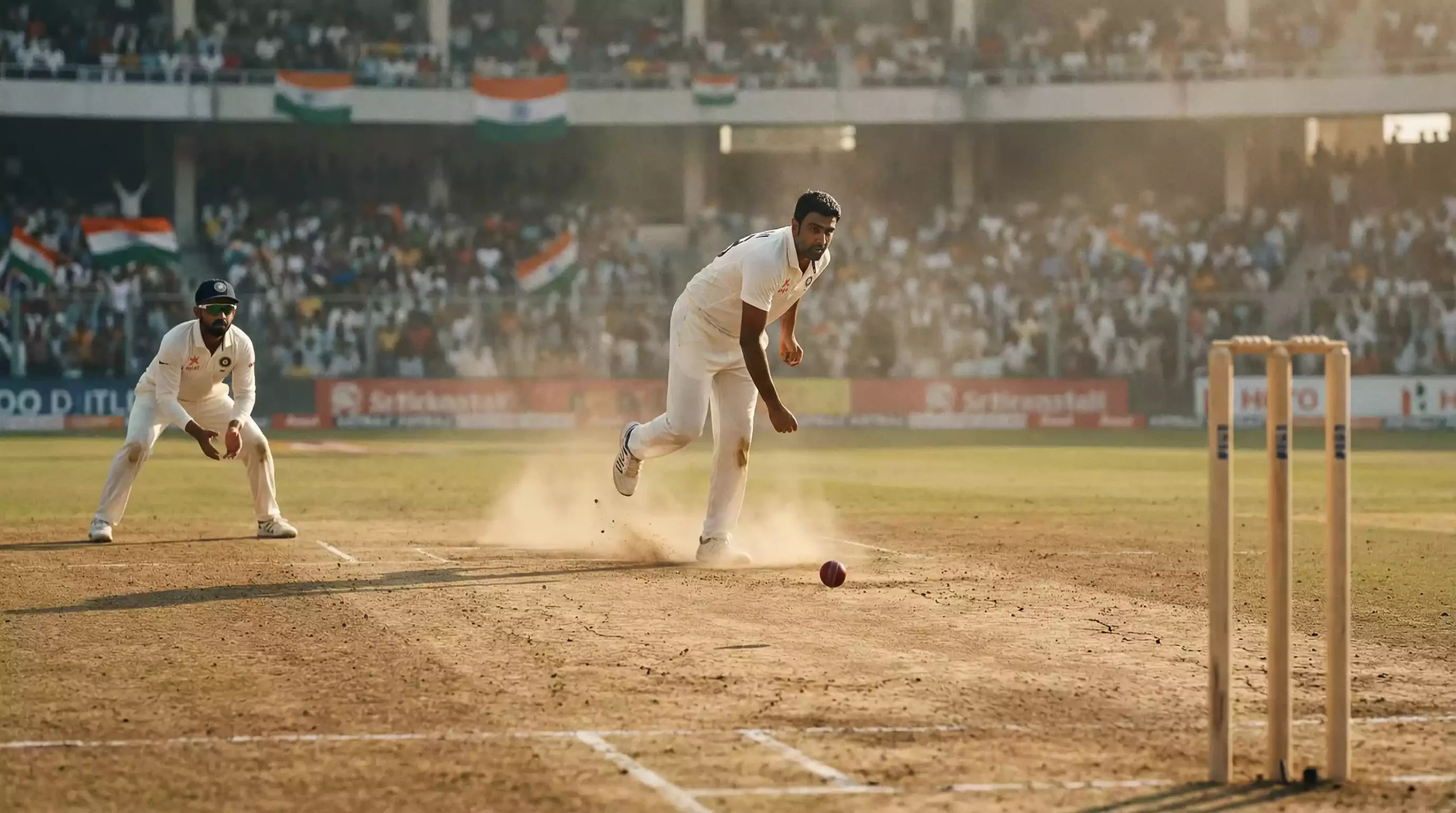 Spin bowler delivering a ball on a dry cracked subcontinental cricket pitch