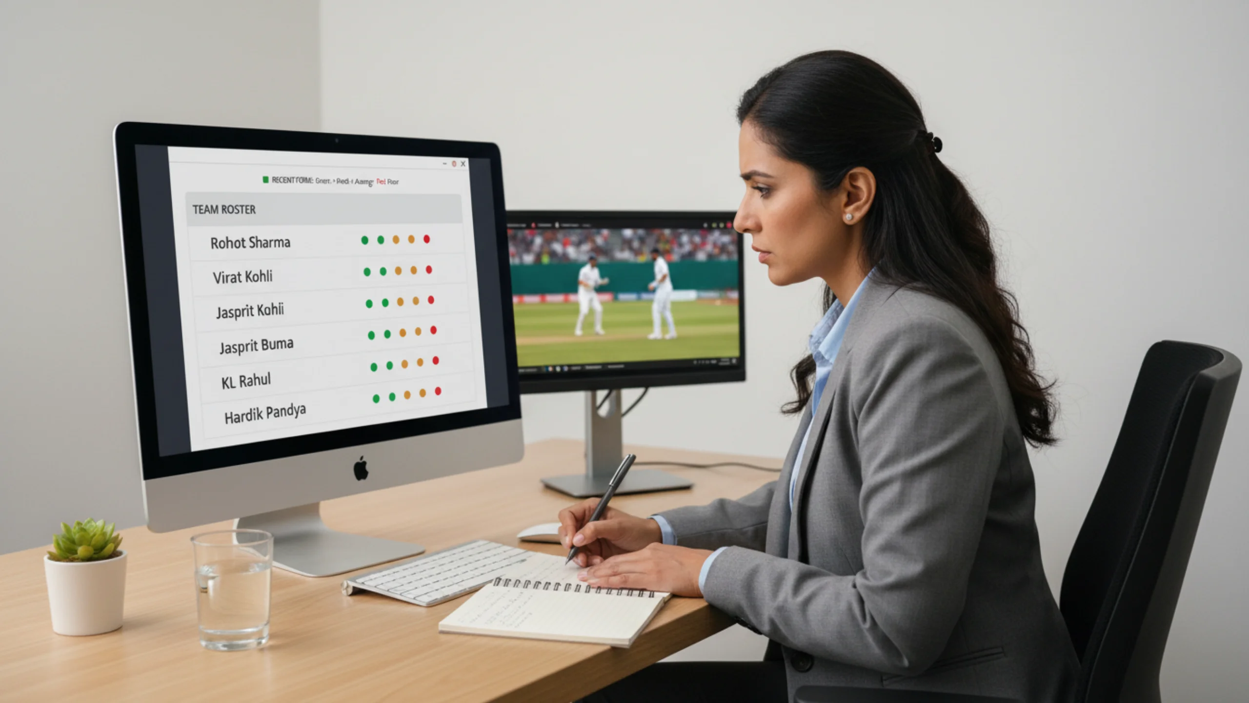 Cricket analyst studying team lineup announcements and recent performance data on computer screen