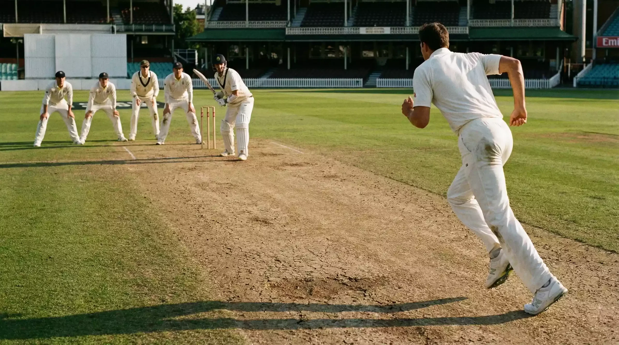 Test cricket match on a sunny day with bowler running in on a worn pitch