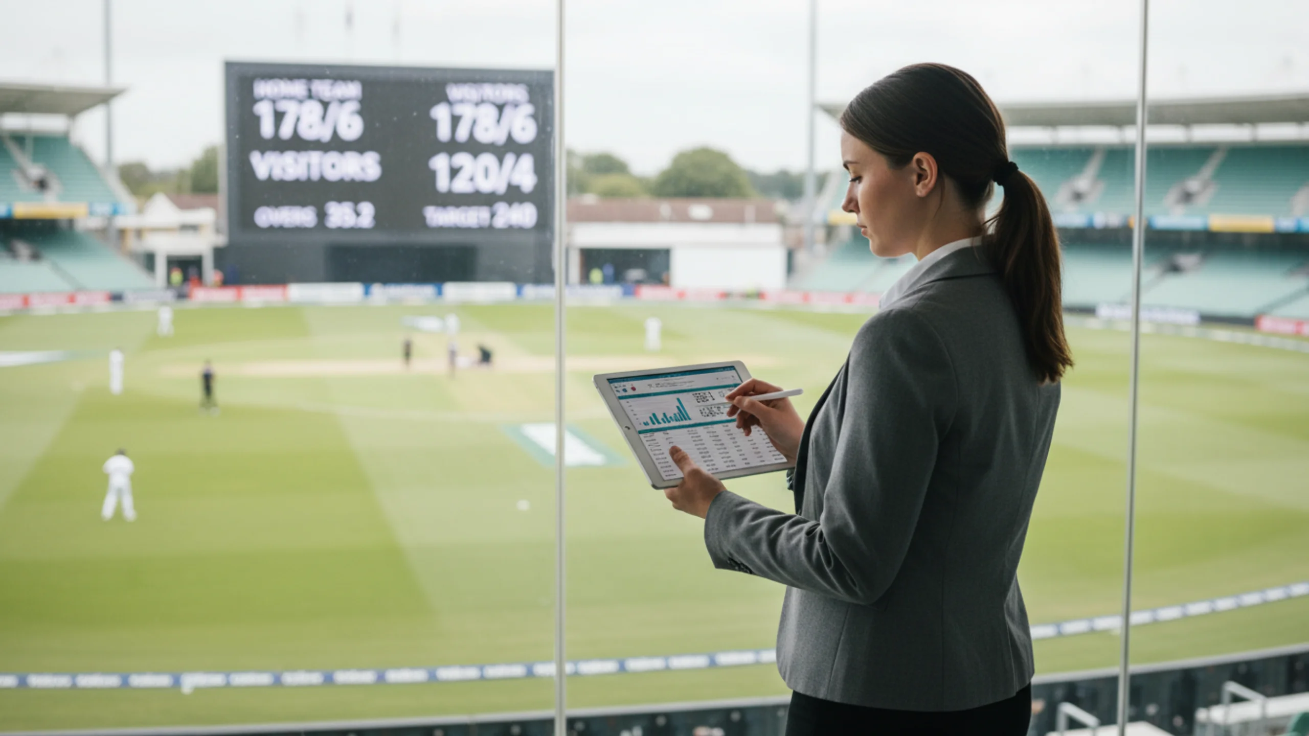 Cricket ground scoreboard showing match totals with analyst studying run statistics