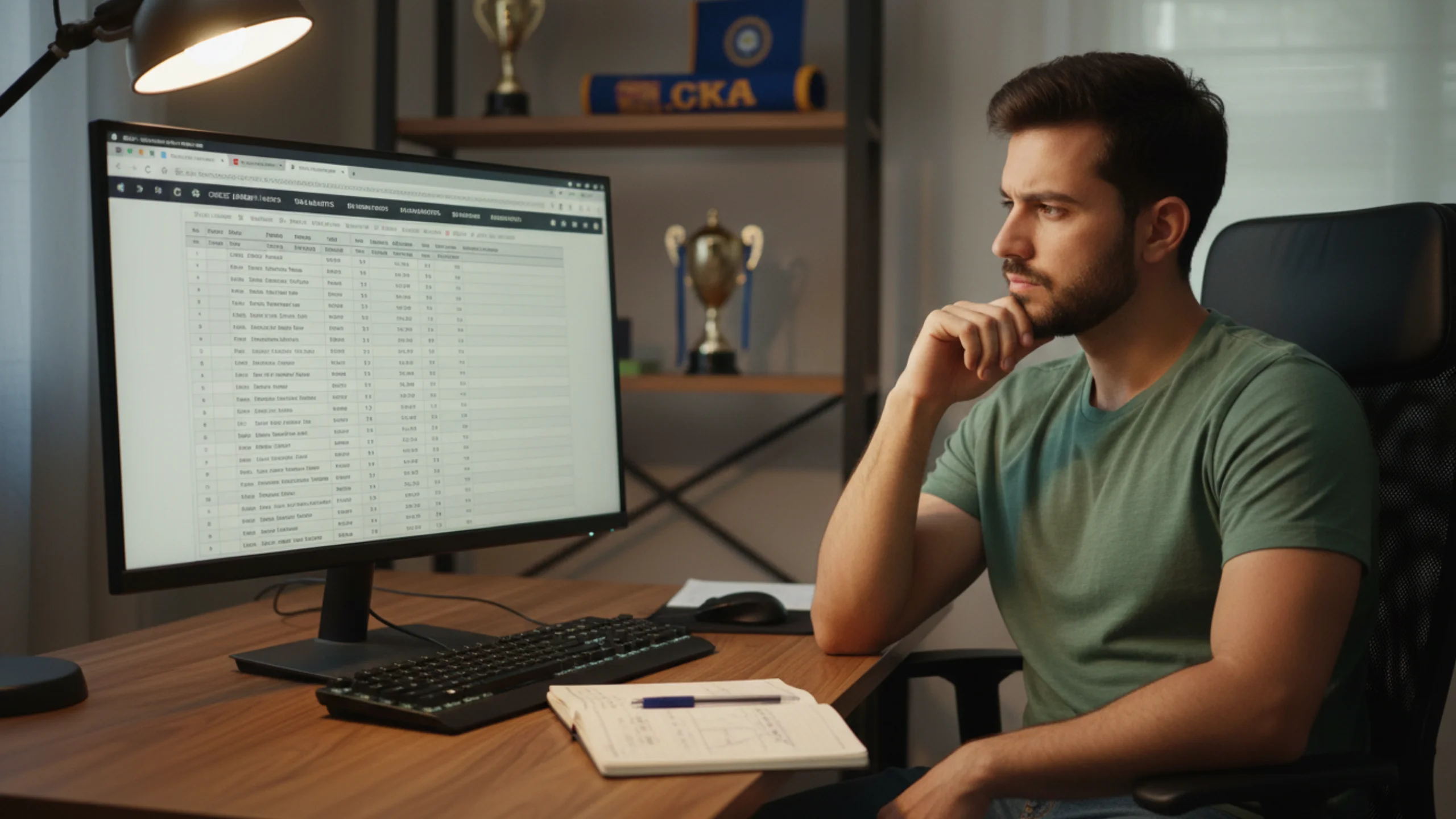 Cricket betting enthusiast researching team statistics and match data on computer for value betting