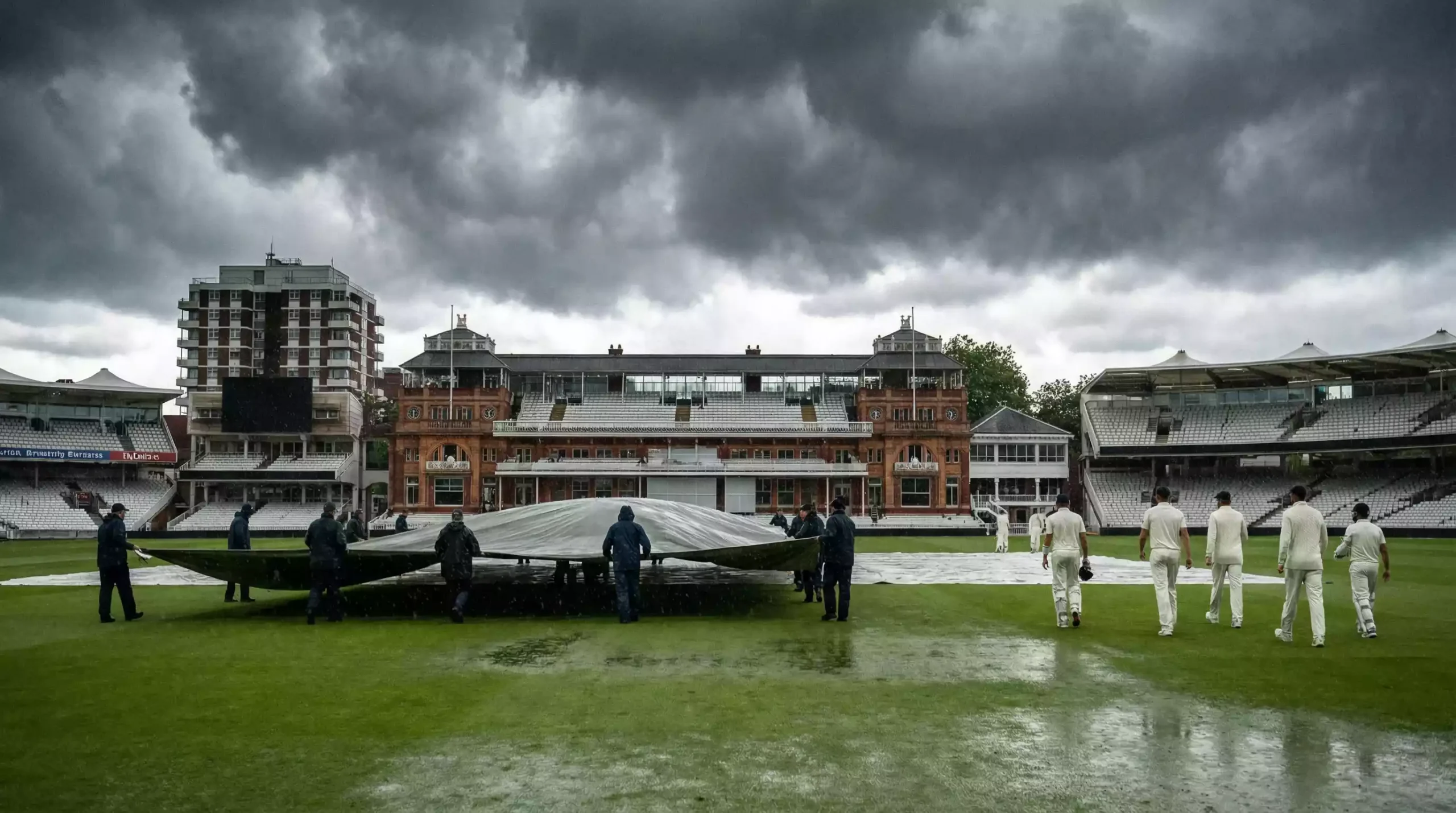Cricket ground under dark overcast skies with covers being pulled on